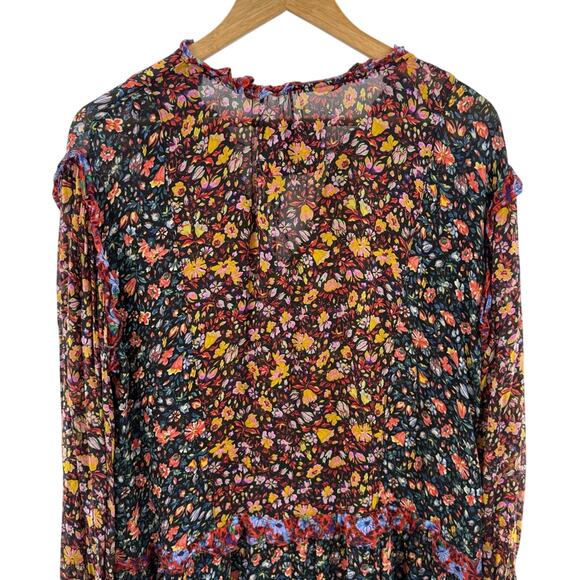 By Anthropologie Helene Black Floral Ruffled Chiffon Semi Sheer Tunic Dress Med. - Picture 10 of 16